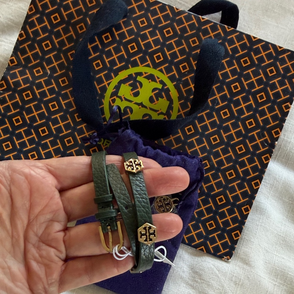 Tory Burch Olive Green Double Wrap Leather Bracelet with Gold Logos